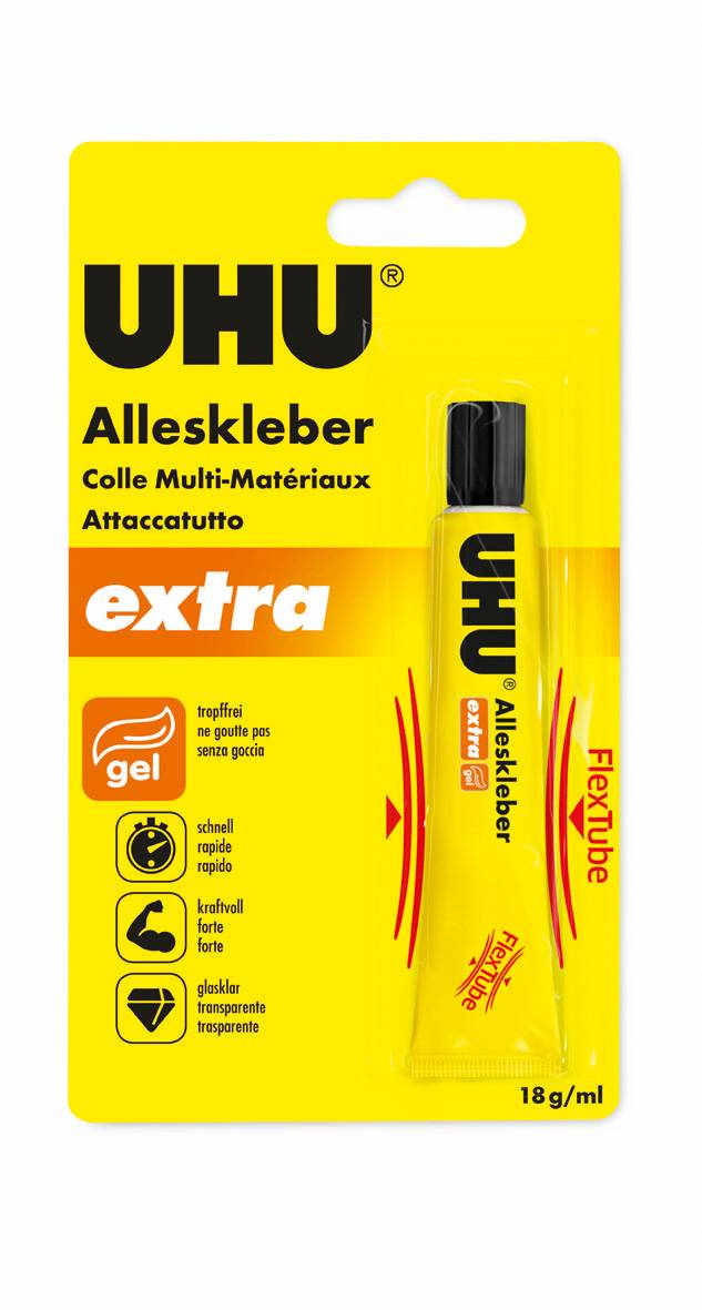 UHU Alleskleber Röhrchen Verpackung; gelb mit Text 'extra', 'FlexTube'. Beschreibt Mehrstoff-Klebstoff mit schneller, starker Haftung.
