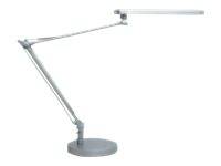 Verstellbare Silber-Schreibtischleuchte mit gelenkigem Arm und rundem Sockel auf weißem Hintergrund.