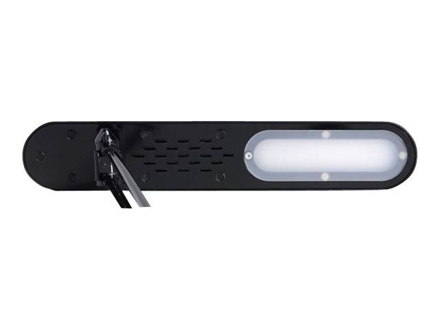 Schwarze rechteckige Wandleuchte mit integriertem weißem LED-Panel auf der rechten Seite und sichtbarer Montagehardware auf der linken Seite.