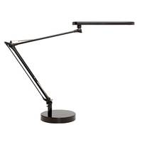 Schwarze verstellbare Schreibtischlampe mit gelenkigem Arm und rundem Fuß auf weißem Hintergrund.