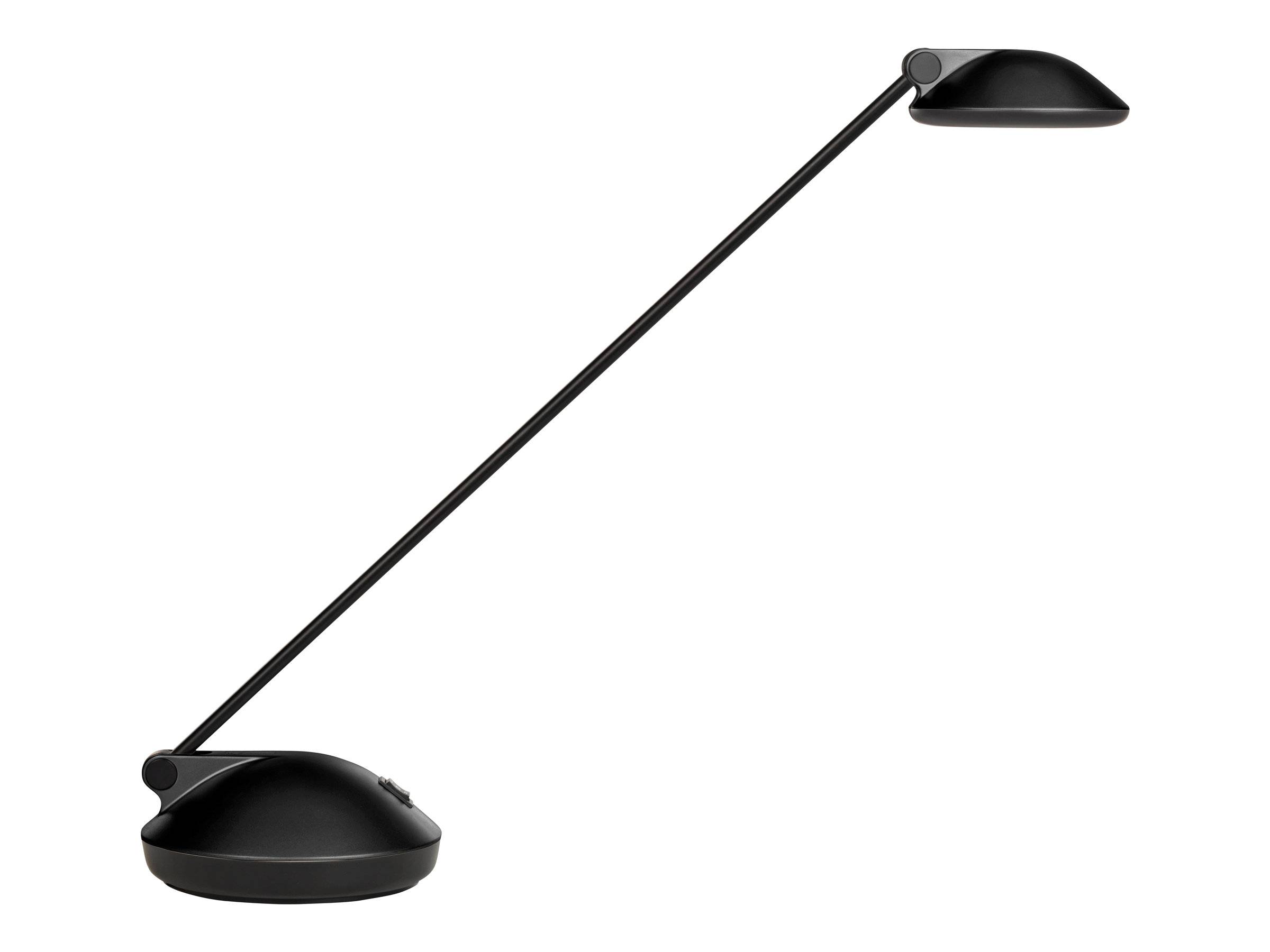 Schwarze verstellbare Schreibtischlampe mit rundem Sockel, langem abgewinkeltem Arm und flacher kuppelförmiger Schirmform auf weißem Hintergrund