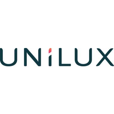UNILUX-Logo in dunkelblaugrünen Kleinbuchstaben mit einem rosa Akzent über dem i auf weißem Hintergrund.