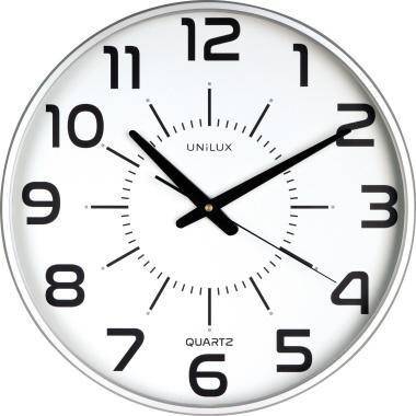 Weiße analoge Wanduhr mit der Bezeichnung „UNILUX