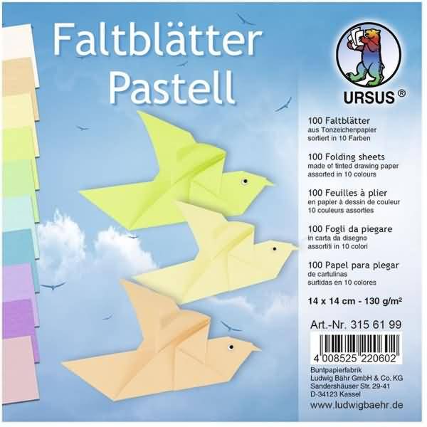 Tonpapier-Faltblätter 130g/qm Pastellfarben 14x14cm VE=100 Blatt 10 Farben sortiert