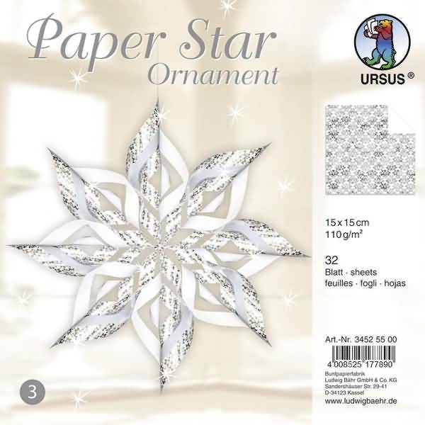 Papier Stern Ornament Set 3 110g/qm 15x15cm 32 Blatt silber/weiß
