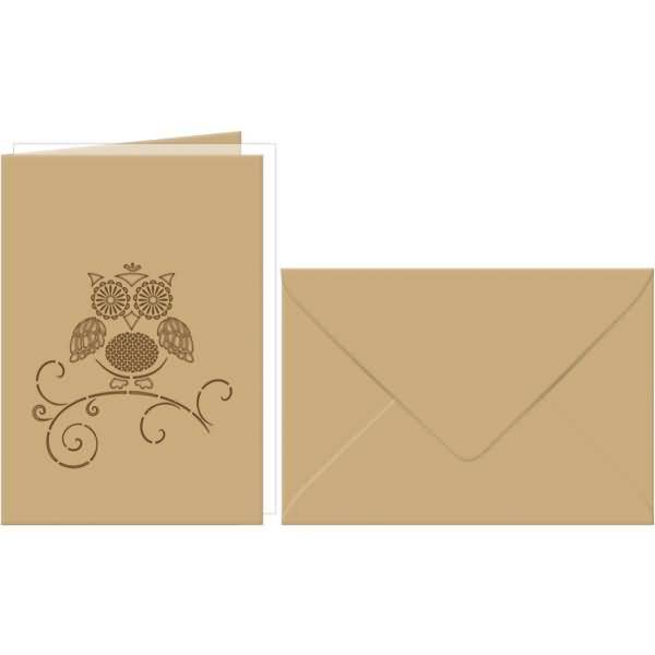 Doppelkarte A6 gelasert + Kuvert VE=5 Sets Eule hellbraun
