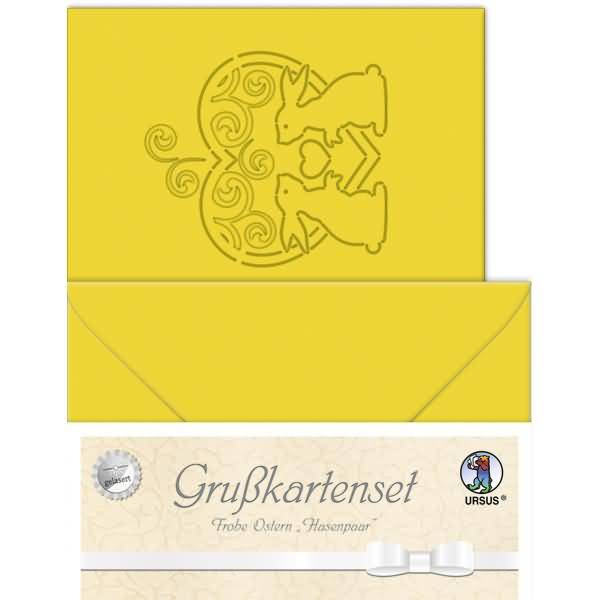Grußkarten gelasert A6 'Frohe Ostern 'Hasenpaar' sonnengelb VE=5 Sets