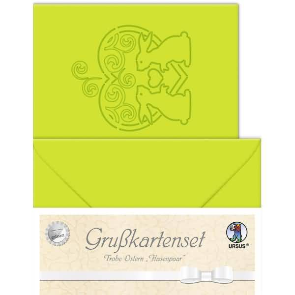 Grußkarten gelasert A6 'Frohe Ostern 'Hasenpaar' hellgrün VE=5 Sets