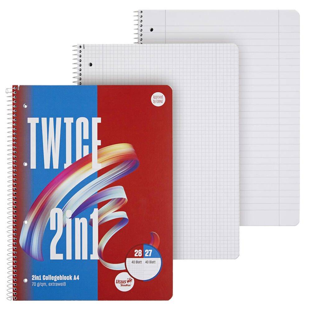 Das Bild zeigt ein 2-in-1-Notizbuch mit rotem Umschlag, auf dem der Text „TWICE 2in1