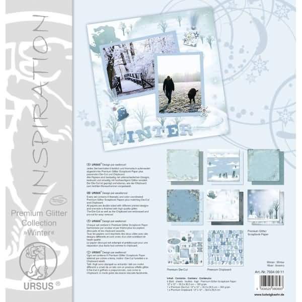Scrapbook Paper Premium Glitter 30,5x30,5cm Collection Winter 6 Blatt 1 Die-Cut + 1 Chipboard