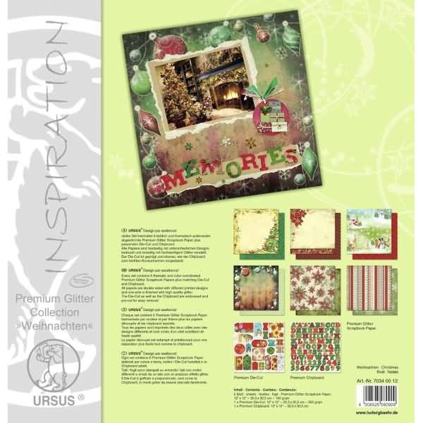 Scrapbook Paper Premium Glitter 30,5x30,5cm Collection Weihnachten 6 Blatt 1 Die-Cut + 1 Chipboard