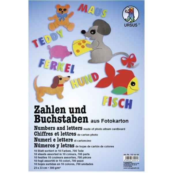 Fotokarton 300g/qm 23x33cm Buchstaben und Zahlen VE=10 Blatt farbig sortiert