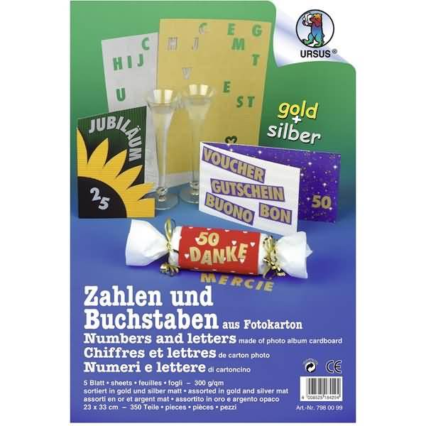 Fotokarton 300g/qm 23x33cm Buchstaben und Zahlen VE=5 Blatt gold/silber