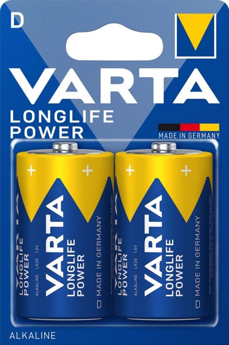 Zwei Varta Longlife Power LR20 D Batterien in Verpackung, beschriftet mit 'Made in Germany'.