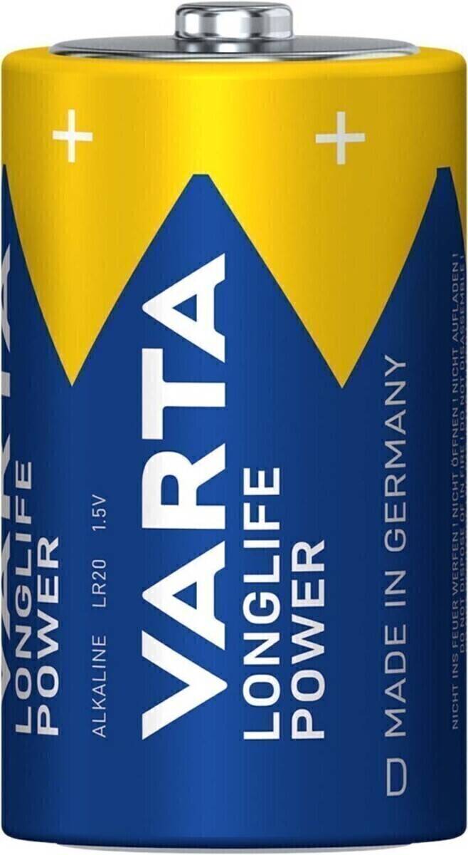 Blaue und gelbe Batterieverpackung mit dem Text 'VARTA Longlife Power' und 'Made in Germany'.