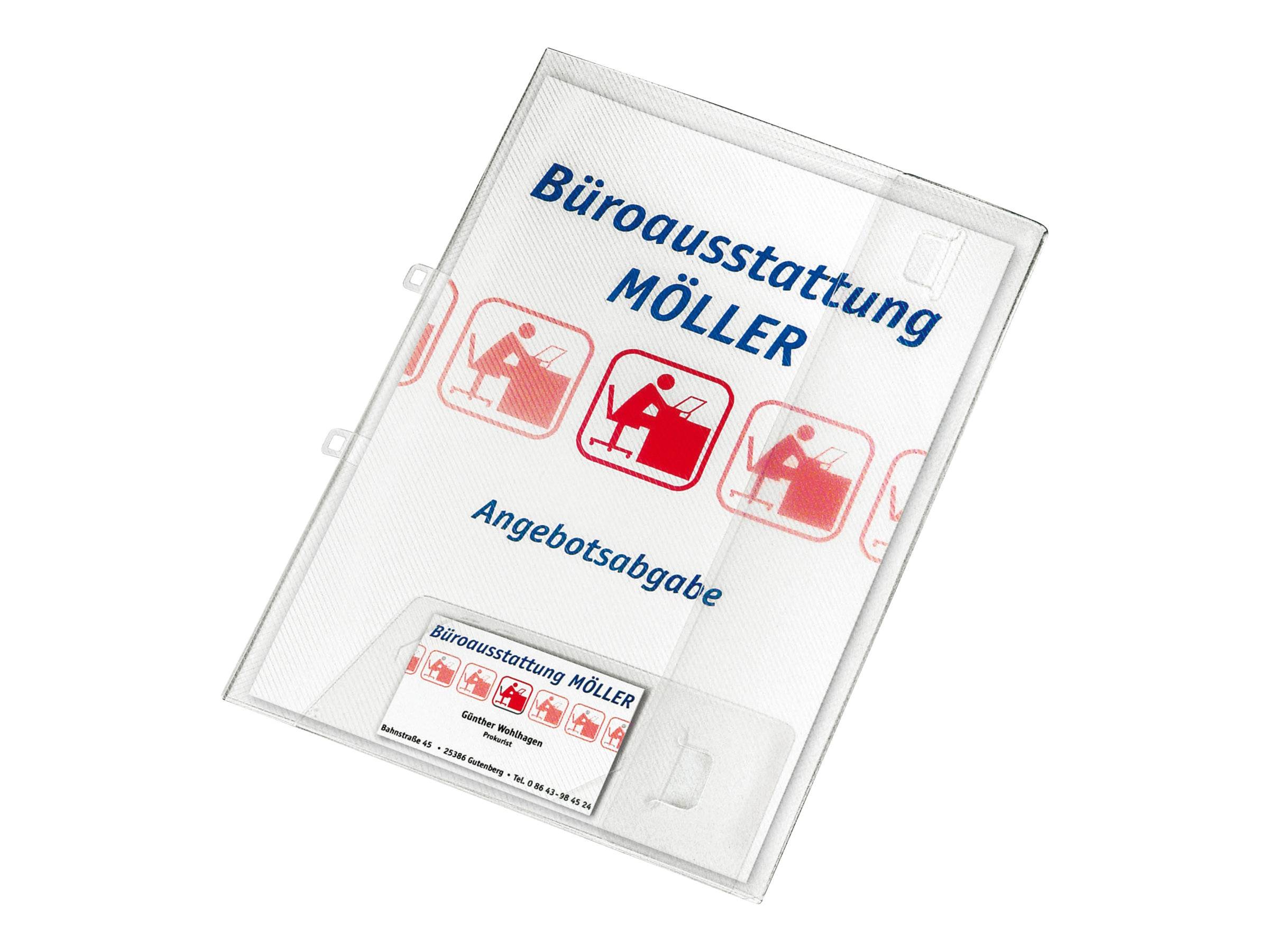Durchsichtige Kunststoff-Berichtsmappe mit gedruckter Bürobedarfs-Broschüre mit dem Titel „Büroausstattung MÖLLER