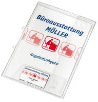 Eine durchsichtige Kunststoff-Berichtshülle mit der Aufschrift 'Büroausstattung MÖLLER' und 'Angebotsabgabe' auf der Vorderseite, verziert mit roten Bürosymbolen.