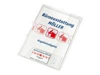 Transparenter Kunststoffprospekthalter mit einer sichtbaren Broschüre 'Büroausstattung MÖLLER' im Inneren.