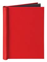 Roter Hardcover-Ordner oder Notizbuch mit schwarzer Oberkante, geschlossen und aufrecht auf weißem Hintergrund stehend.