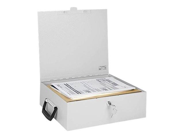 Offene weiße Metallkassette mit Deckel, Griff und Schloss, die gestapelte Dokumente oder Formulare im Inneren enthält.