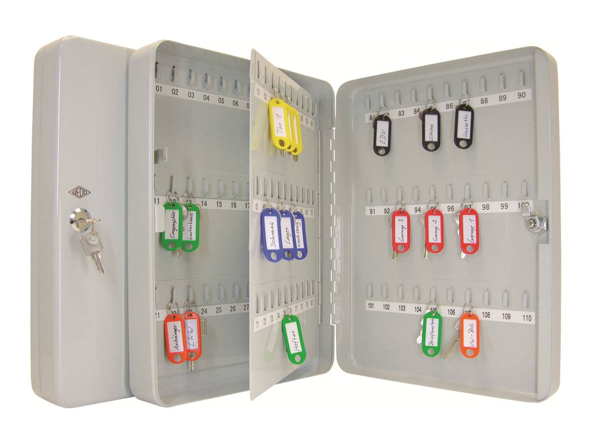 Eine offene elektrische Sicherungsbox mit nummerierten Reihen und mehreren farbigen Schlüsselanhängern oder Etiketten, die in beiden Türen angebracht sind.
