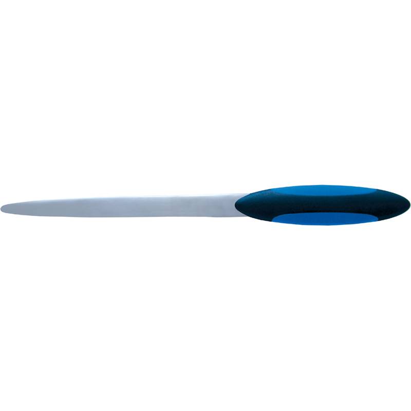 Eine blau-graue, horizontal ausgerichtete Ovalform, die einem stilisierten Löffel oder einer Kapsel auf weißem Hintergrund ähnelt.