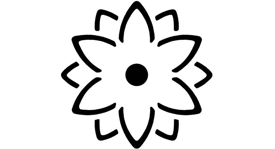 Schwarzes blumenähnliches Emblem mit acht abgerundeten Blütenblättern und einem durchgehend gefüllten Mittelpunkt auf weißem Hintergrund.