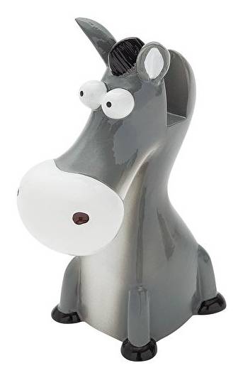 Eine graue Cartoon-Eselspielzeugfigur mit großen Augen, einer schwarzen Mähne und einem weißen Maul, die auf einem einfachen weißen Hintergrund steht.