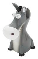 Graue Cartoon-Einhornfigur mit großen Augen, weißer Schnauze und schwarzem Horn auf weißem Hintergrund.