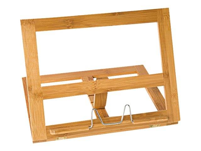 Holzbuch-Ständer zum Aufklappen oder Ausstellungsstaffelei mit verstellbarer Stütze, geöffnet auf weißem Hintergrund dargestellt.