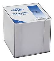 Eine würfelförmige Box, die weißes Memoalpapier enthält. Das Etikett trägt die Aufschrift 'Zettelbox Memo Box' und weist 700 Blatt im Format 9 x 9 cm aus.