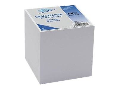 Ein Stapel 'Ersatzpapier für Zettelboxen', 9 x 9 cm, 700 Blatt, mit blau-weißem Verpackungsdesign.