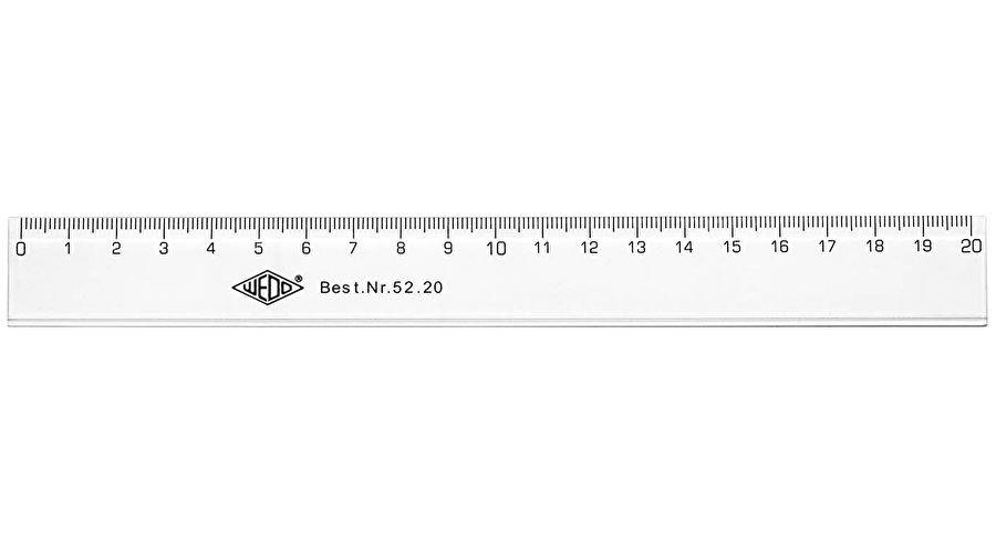 Ein 20 Zentimeter langes Stahllineal mit metrischen Markierungen von 0 bis 20 und dem Text „JEDO Best.Nr.52.20