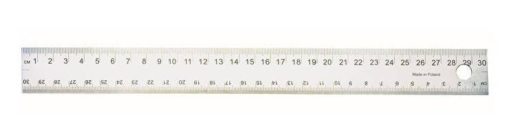 Ein Metalllineal mit Zentimeter- und Inch-Markierungen, nummeriert von 1 bis 30, mit einem kreisförmigen Loch am rechten Ende.