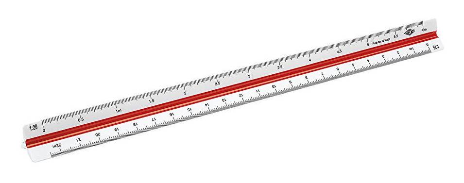 Ein 30-Zentimeter-Lineal aus transparentem Kunststoff mit rotem Mittelstreifen und schwarzen Messskalen, diagonal auf weißem Hintergrund dargestellt.