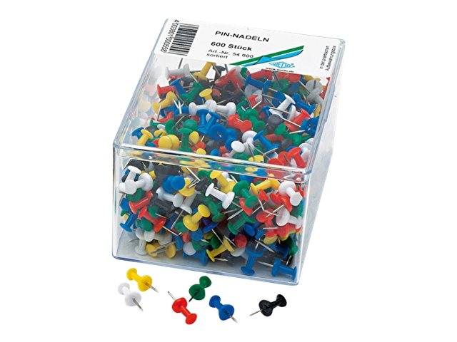 Eine durchsichtige Box enthält 600 bunte Pinnwandnadeln in den Farben Rot, Grün, Weiß, Blau, Gelb und Schwarz. Das Etikett trägt die Aufschrift 'Pin-Nadeln.