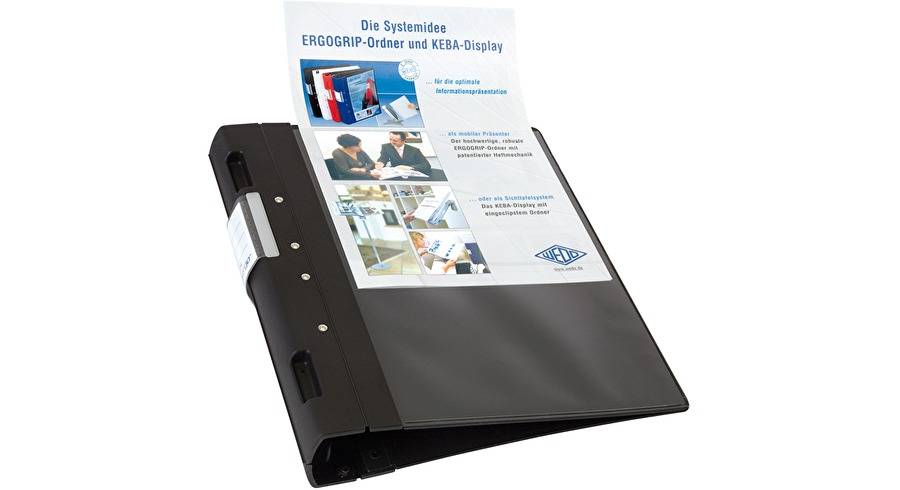 Schwarzer Ordnerordner-Style-Anzeigeordner mit einer Broschüre mit dem Titel „Die Systemidee ERGOGRIP-Ordner und KEBA-Display