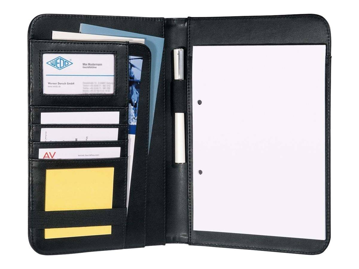 Schwarze Ledermappe offen, mit Kartensteckplätzen, Stifthaltern, Notizen und einem leeren liniertem Notizbuch auf der rechten Seite.