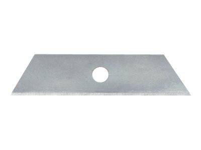 Silber-Metallschaberklingenmesser mit zentralem rundem Loch, isoliert auf weißem Hintergrund dargestellt.