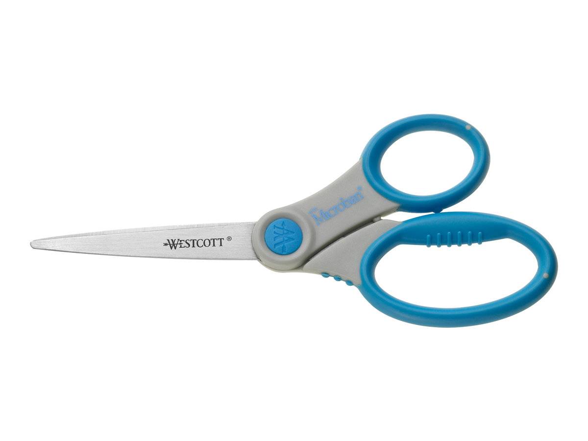 Grau-blaue Westcott-Schere mit spitzen Klingen und großen ergonomischen Fingerschlaufen auf weißem Hintergrund
