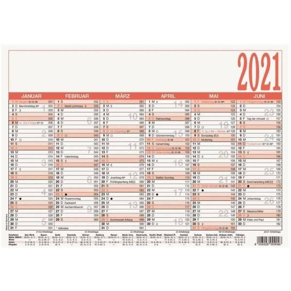 Arbeitstagekalender A5 21x14,8cm 6 Monate/1 Seite Kalendarium 2021