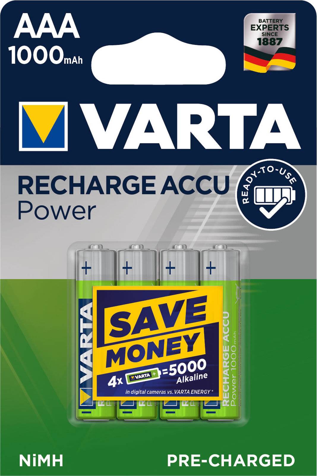 Varta Power Akku Ready2Use Micro AAA HR03 LR03 4er Blister 1000mAh, 1,2V, NiMH