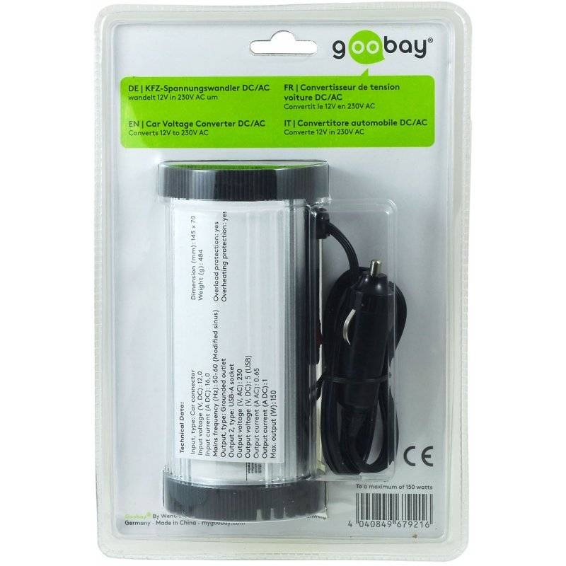 Powery Kfz-Inverter/ Spannungswandler 2in1 12V-DC/ 230V-AC 150W, 12V/230V