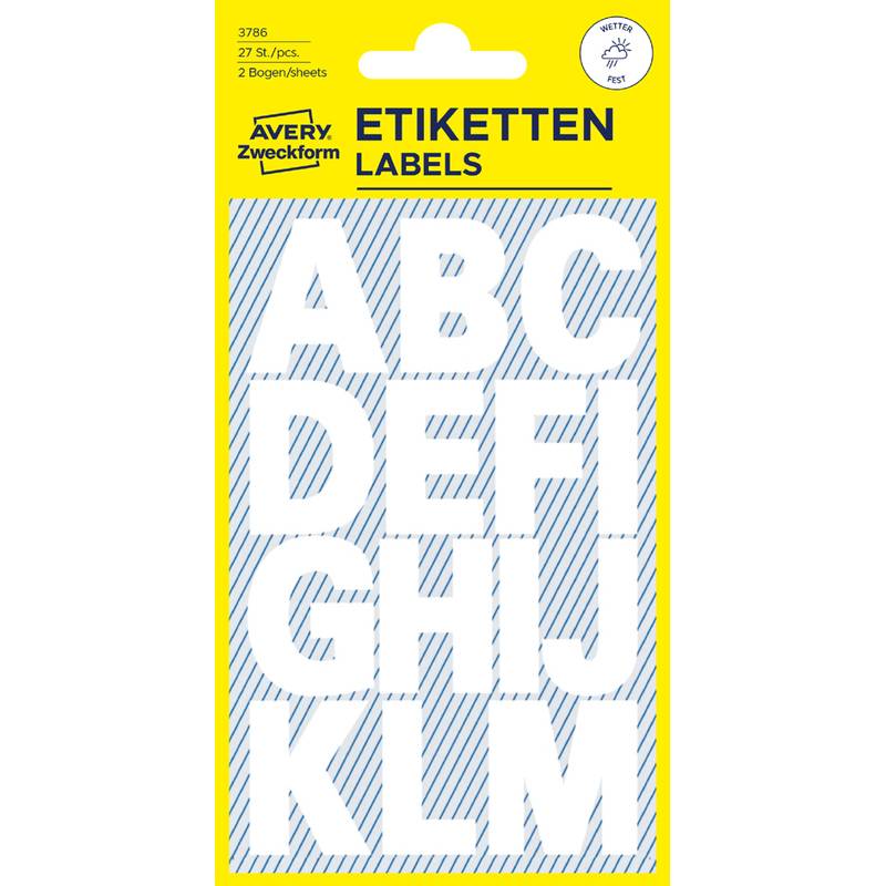 ETIKETTEN LABELS' fett gedruckt am oberen Rand. Große Buchstaben 'A' bis 'M' vertikal aufgelistet. Avery Zweckform Markenlogo und Hinweis auf 27 Etiketten.