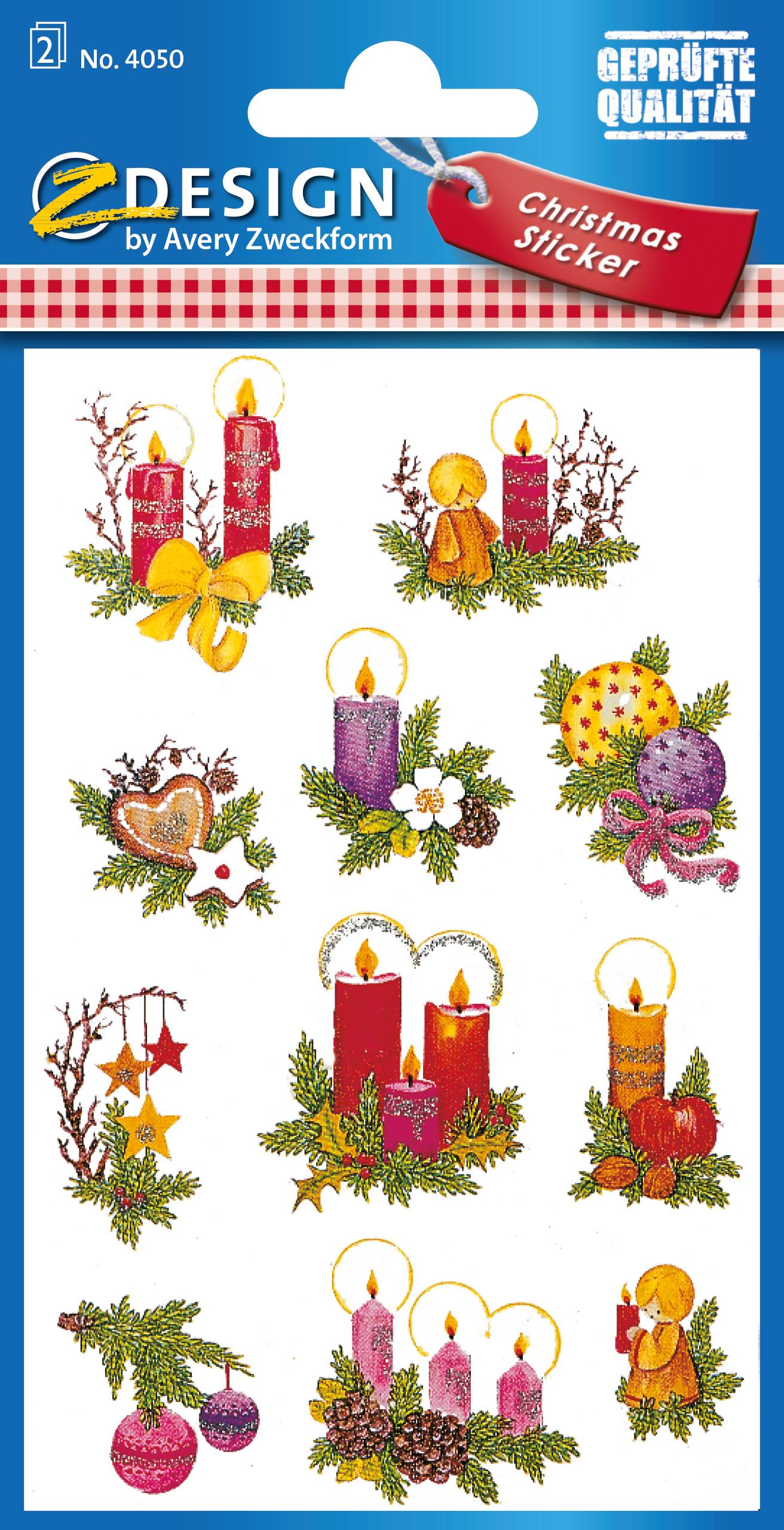 Ein Set mit Weihnachtskerzen-Aufklebern mit neun festlichen Designs, darunter rote, violette und orangefarbene Kerzen, Blumen, Beeren, Christbaumkugeln und Engel.