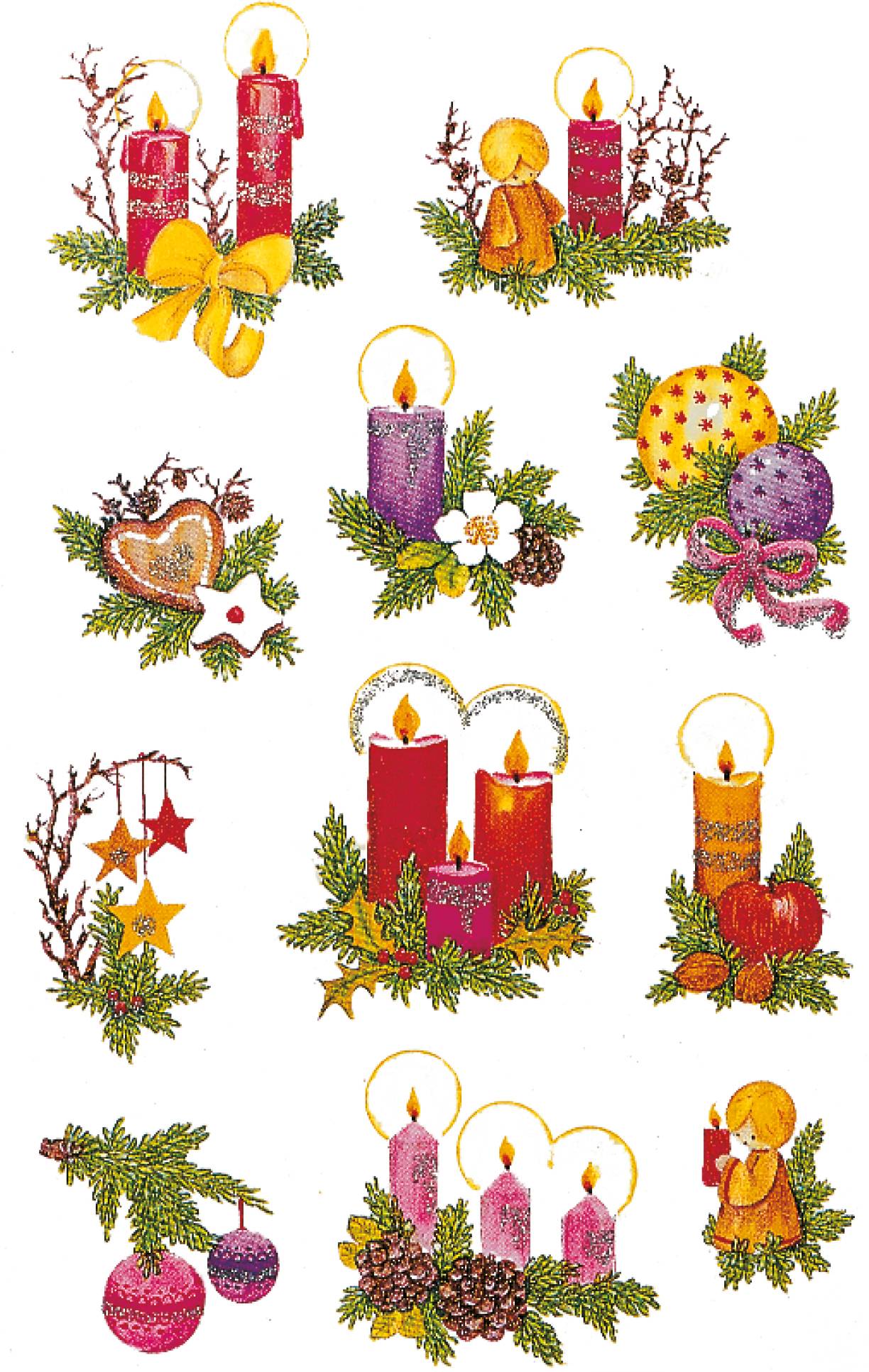 Illustriertes Set aus neun festlichen Kerzen und Weihnachtsschmuck in Rot, Rosa, Lila, Gold und Grün mit Schleifen, Beeren, Kiefernzweigen, Sternen und Engeln.
