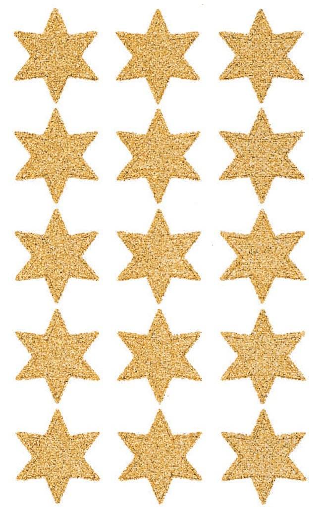 Gitter aus 15 goldenen Glitterstern-Symbolen, angeordnet in 5 Reihen und 3 Spalten auf weißem Hintergrund.