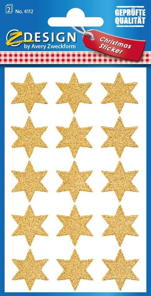 Verpackung für Avery Zweckform „Christmas Sticker" Glitterfolien-Sternaufkleber in Gold, mit 15 Sternaufklebern auf einem weißen Blatt.
