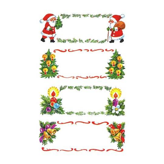 Vier festliche Weihnachtsbordüren mit leerem Mittelbereich, verziert mit dem Weihnachtsmann, Bäumen, Kerzen, Glocken und Stechpalme in Rot und Grün.