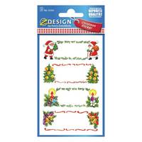 Paket mit festlichen Weihnachtsbord-Aufklebern mit dem Weihnachtsmann, Weihnachtsbäumen, Kerzen und Blumendekoration, mit Leerstellen für Notizen oder Etiketten.